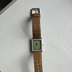 Breda Wristwatch - Green Face, Square Silver Body, Brown Leather/reptile Strap